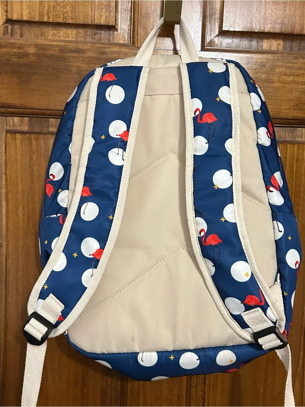 Navy Blue Backpack Polka Dots Flamingo Book Bag 16” Multi Compartment
